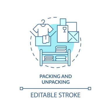 2B düzenlenebilir paketleme ve açma simgesi hareket eden servisi temsil ediyor, tek renkli izole vektör, mavi ince çizgi çizimi.