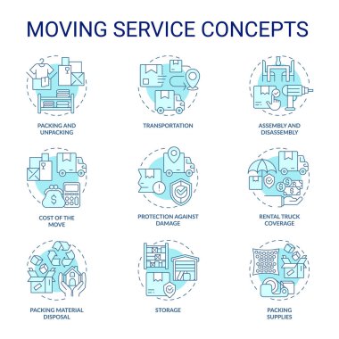 2B düzenlenebilir mavi ince çizgi simgeleri hareket hizmeti, izole edilmiş tek renkli vektör, illüstrasyon.