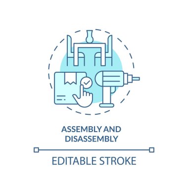 Hareket eden servisi temsil eden 2B düzenlenebilir montaj ve ayrıştırma simgesi, tek renkli izole vektör, mavi ince çizgi illüstrasyonu.