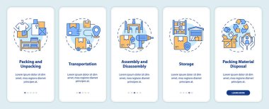 Hareket eden mobil uygulama ekran setini temsil eden 2D simgeler. Doğrusal simge konsepti, UI, UX, GUI şablonu ile 5 adım renkli grafik talimatları.