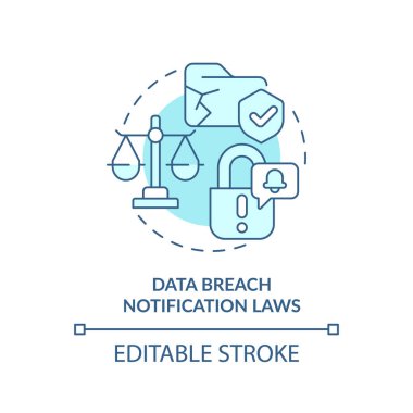 2B düzenlenebilir mavi veri sızıntısı bildirim yasası simgesi, tek renkli izole vektör, siber yasa ince çizgi çizimi.