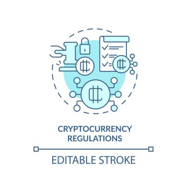 2D düzenlenebilir mavi kripto para birimi yönetmeliği simgesi, monokromatik izole vektör, siber yasa ince çizgi çizimi.