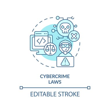 2D düzenlenebilir mavi siber suç yasaları ikonu, tek renkli izole vektör, siber yasa ince çizim.
