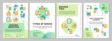 2D taşıma hizmeti çoklu renk broşürü, basit ince doğrusal simgeli broşür tasarımı, 4 vektör düzeni.