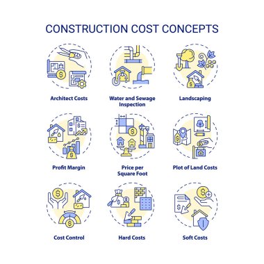 Yapı maliyetini, izole edilmiş vektörü, doğrusal illüstrasyonu temsil eden 2B düzenlenebilir ince çizgi simgeleri kümesi.