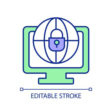 Siber hukuku temsil eden 2D düzenlenebilir uluslararası siber güvenlik simgesi, izole edilmiş vektör, ince çizgi çizimi.