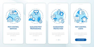 Entegre haşere yönetimi mobil uygulama ekran setini temsil eden 2D simgeler. İnce çizgi simgeleri konsepti, UI, UX, GUI şablonu ile 4 adım mavi grafik talimatları.