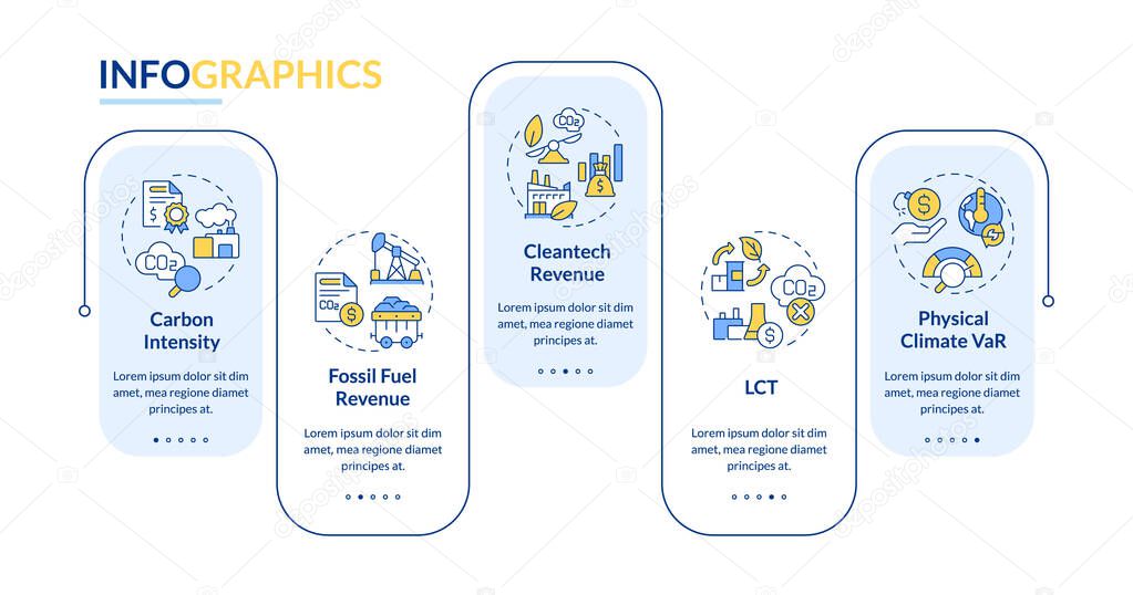 2D climate metrics vector infographics template with simple linear icons, data visualization with 5 steps, process timeline chart.