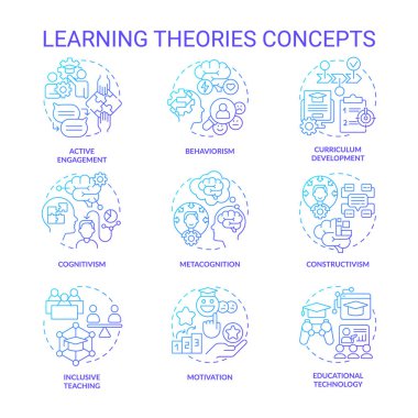Öğrenme teorilerini, izole edilmiş vektörleri, basit illüstrasyonları temsil eden 2B gradyan ince çizgi simgeleri kümesi.