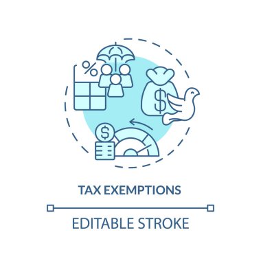 Vergi muafiyetleri, yumuşak mavi konsept ikonu. Gelir vergisini hariç tut. Vergi ödemekten kaçının. Mali politika. Makalede kullanması kolay. Yuvarlak şekil çizimi. Soyut bir fikir. Grafik tasarımı