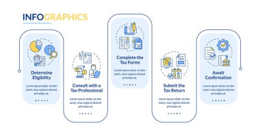 Vergi kredileri için mavi bilgi şablonu uygulama ekranına başvurun. Mali politika. Veri görselleştirmesi 5 adımda. Düzenlenebilir zaman çizelgesi. Satır simgeleriyle çalışma akışı düzeni. Kullanılan Lato Kalın, Düzenli yazı tipleri