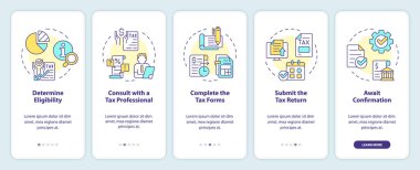 Vergi kredileri için mobil uygulama ekranına başvurun. Mali politika, doğrusal kavramlarla birlikte düzenlenebilir grafik yönergelerini 5 adımda gözden geçirir. UI, UX, GUI şablonu. Kullanılan sayısız Pro-Kalın, Düzenli yazı tipleri