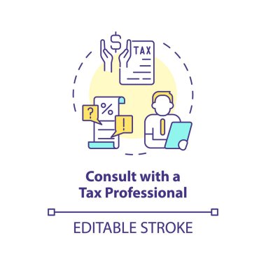 Vergi uzmanının çok renkli konsept ikonu ile görüş. Finansal danışmanlık. Vergi kredisi başvurusu nasıl yapılır. Yuvarlak şekil çizimi. Soyut bir fikir. Grafik tasarımı. Günlük paylaşımında kullanması kolay