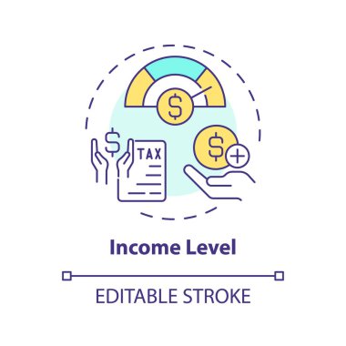 Gelir seviyesi çok renkli konsept simgesi. Finansal yardım için uygunluğu belirle. Vergi mükellefleri için kriter. Yuvarlak şekil çizimi. Soyut bir fikir. Grafik tasarımı. Makalede kullanması kolay