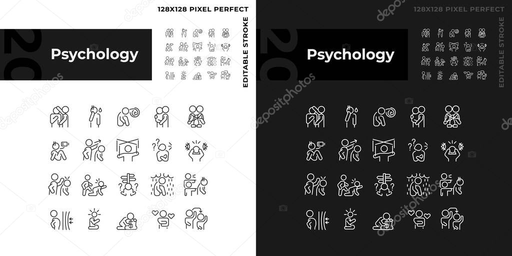 2D pixel perfect simple light and dark icons set representing psychology, editable thin linear illustration.