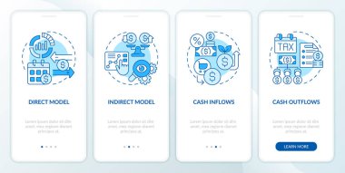 Nakit akışını temsil eden 2D doğrusal simgeler tek renkli mobil uygulama ekranı seti öngörüyor. Konsept, UI, UX, GUI şablonu ile mavi grafik yönergelerini gezdir.