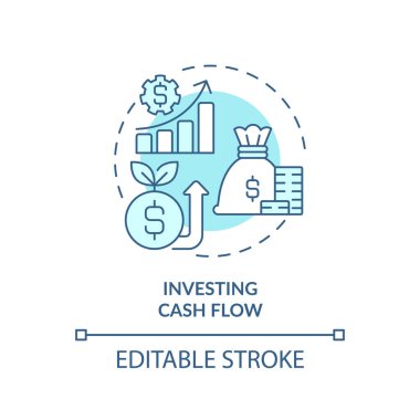 2D düzenlenebilir mavi yatırım nakit akışı simgesi, tek renkli izole vektör, nakit akışı yönetimini temsil eden ince çizgi illüstrasyonu.