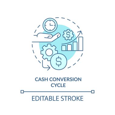 2D düzenlenebilir mavi nakit dönüşüm döngüsü simgesi, tek renkli izole vektör, nakit akışı yönetimini temsil eden ince çizgi illüstrasyonu.