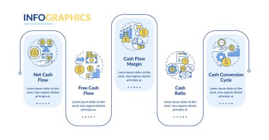 Renkli çizgi simgeleriyle 2B nakit akışı vektör bilgi grafikleri şablonu, 5 adımlı veri görselleştirmesi, zaman çizelgesi.