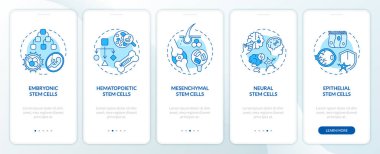 2D icons representing types of stem cell mobile app screen set. Walkthrough 5 steps blue graphic instructions with linear icons concept, UI, UX, GUI template. clipart