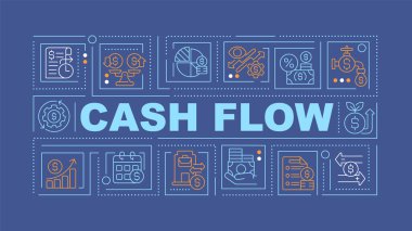 Koyu mavi monokromatik arkaplan, düzenlenebilir vektör illüstrasyonu üzerine çeşitli yaratıcı ince doğrusal simgeler içeren 2B nakit akışı metni.