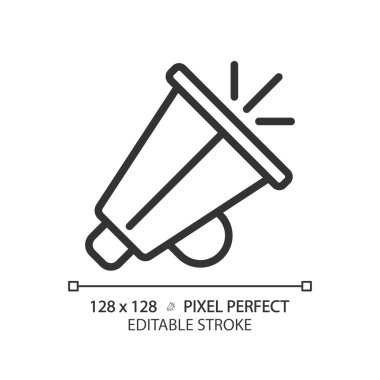 Megafon doğrusal simgesi. Motivasyon konuşmaları. Amigo megafonu. Amerikan futbolu ponpon kızı. Takım desteği. İnce çizgili çizim. Contour sembolü. Vektör çizimi. Düzenlenebilir vuruş