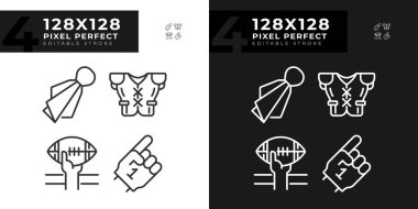 Futbol oyunu unsurları, karanlık, aydınlık mod için doğrusal simgeler oluşturuldu. Hayran desteği. Amerikan futbol maçı. Oyuncu üniforması. Gece ve gündüz teması için ince çizgi sembolleri. İzole çizimler. Düzenlenebilir vuruş