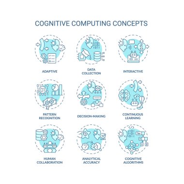 Bilişsel hesaplamayı, izole edilmiş basit vektörü, doğrusal illüstrasyonu temsil eden 2B düzenlenebilir mavi ince çizgi simgelerinin koleksiyonu.