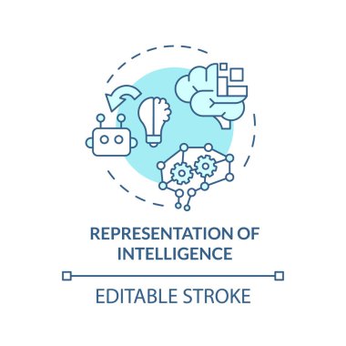 Zeka simgesinin 2B düzenlenebilir mavi temsili, monokromatik izole vektör, bilişsel hesaplamayı temsil eden ince çizgi illüstrasyonu.