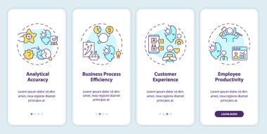 Bilişsel hesaplama avantajlarını temsil eden 2D simgeler mobil uygulama ekran seti. Doğrusal simge konsepti, UI, UX, GUI şablonu ile 4 basamaklı çoklu renk grafiksel talimatlar.