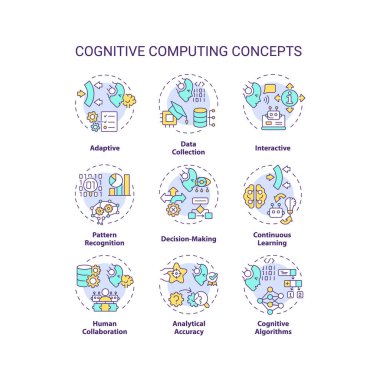 Bilişsel hesaplamayı, izole edilmiş basit vektörü, doğrusal illüstrasyonu temsil eden 2B düzenlenebilir ince çizgi simgelerinin koleksiyonu.