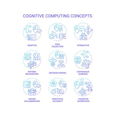 Bilişsel hesaplamayı temsil eden 2B gradyan ince çizgi simgelerinin koleksiyonu, yaratıcı izole vektör, doğrusal illüstrasyon.
