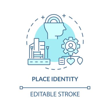 2B düzenlenebilir mavi yer kimlik simgesi, tek renkli izole vektör, çevresel psikolojiyi temsil eden ince çizgi illüstrasyonu.