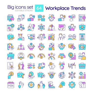 2D editable multicolor big thin line icons set representing workplace trends, isolated simple vector, linear illustration. clipart