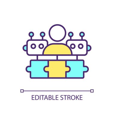 Bilişsel hesaplamayı, izole edilmiş vektörü, ince çizgi illüstrasyonunu temsil eden 2B basit düzenlenebilir insan işbirliği simgesi.
