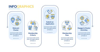 Yaratıcı doğrusal simgelerle 2D tarım kümeleri vektör bilgi grafikleri şablonu, 5 adımlı veri görselleştirmesi, işlem zaman çizelgesi.