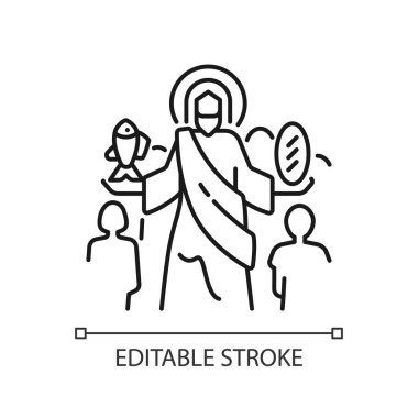 Beş bin doğrusal simgenin beslenmesi. İsa çokluğu besler. İsa 'nın mucizesi. İncil sahnesi. Yeni Ahit. İnce çizgili çizim. Contour sembolü. Vektör çizimi. Düzenlenebilir vuruş