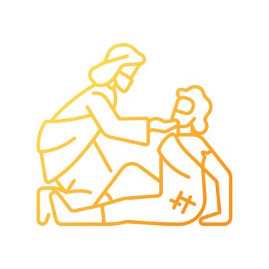 Merhametli, gradyan doğrusal vektör ikonu. İsa 'nın anlattığı bir öykü. Samaritan yaralı gezginlere yardım eder. İnce çizgi renk sembolü. Modern tarz pictogram. Vektör izole çizimi