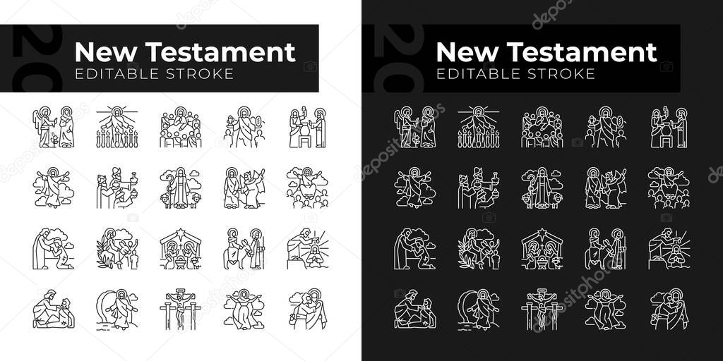 New testament linear icons set for dark, light mode. Life of Jesus Christ. Creed christian religion. Holy bible. Thin line symbols for night, day theme. Isolated illustrations. Editable stroke