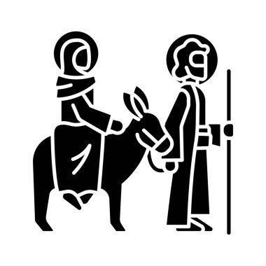 Beytüllahim 'e yolculuk simgesi. Mary ve Joseph. İncil sahnesi. Bakire Meryem, İsa 'nın annesi. Yeni Ahit. Beyaz uzayda siluet sembolü. Piktogram sağlammış. Vektör izole illüstrasyonu