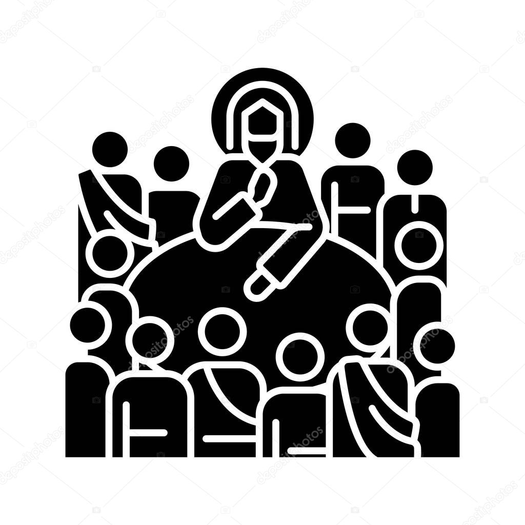 Last Supper black glyph icon. Jesus Christ and twelve apostles. Holy communion. New testament. Biblical scene. Silhouette symbol on white space. Solid pictogram. Vector isolated illustration