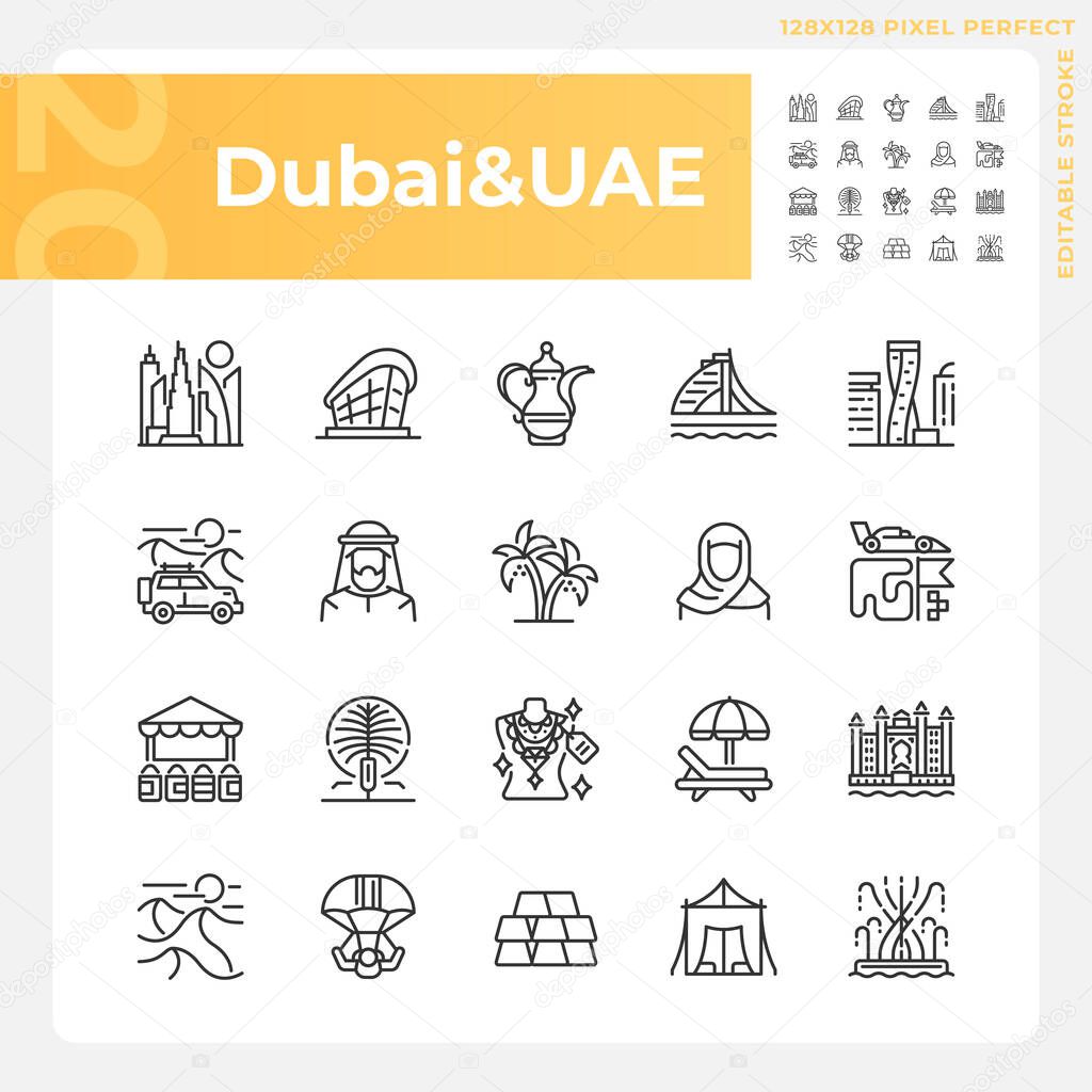 Dubai modern city architecture linear icons set. Vacation trip, resort. Variety of activities, unique landmarks. Customizable thin line symbols. Isolated vector outline illustrations. Editable stroke