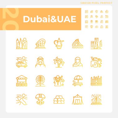 Dubai modern şehir mimarisi gradyan doğrusal vektör simgeleri ayarlandı. Tatil gezisi, tatil köyü. Çeşitli aktiviteler. İnce çizgili sembol demetleri dizayn eder. İzole edilmiş taslak illüstrasyon koleksiyonu