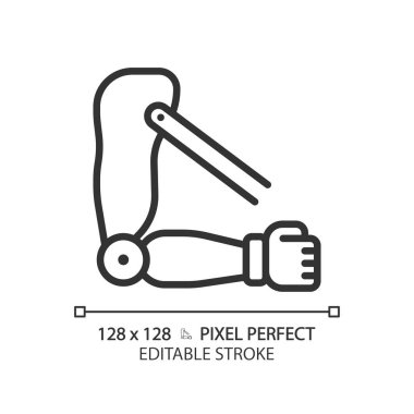 Transhumeral protez kol doğrusal simgesi. Biyomedikal mühendislik, biyonik. Robot teknolojisi. Biyonik dış iskelet. İnce çizgili çizim. Contour sembolü. Vektör çizimi. Düzenlenebilir vuruş