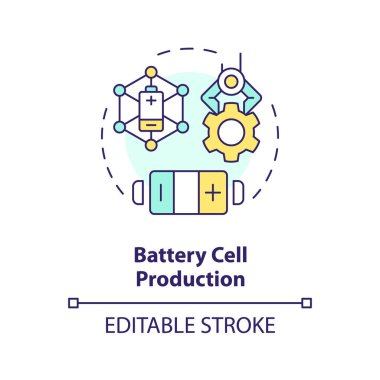 Batarya hücre üretimi çok renkli konsept simgesi. Lityum endüstrisi. Taşınabilir elektronik imalatı. Yuvarlak şekil çizimi. Soyut bir fikir. Grafik tasarımı. Broşürde kullanması kolay, kitapçık.