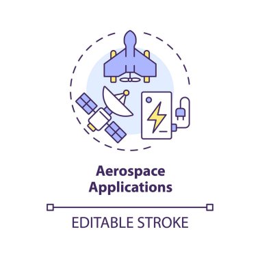 Uzay uygulamaları çok renkli konsept simgesi. Havacılık mühendisliği. Lityum iyon batarya kapasitesi. Yuvarlak şekil çizimi. Soyut bir fikir. Grafik tasarımı. Broşürde kullanması kolay, kitapçık.