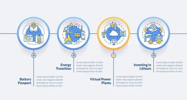 stock vector Lithium industry investing circle infographic template. Energy generation. Data visualization with 4 steps. Editable timeline info chart. Workflow layout with line icons. Lato-Bold, Regular fonts used