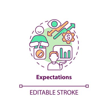 Beklentiler çok renkli konsept simgesi. Fiyatlar, gelir ve ürün bulunurluğu beklentileri. Yuvarlak şekil çizimi. Soyut bir fikir. Grafik tasarımı. Broşürlerde kullanımı kolaydır.