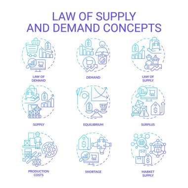 Arz mavi gradyan konsept simgeleri yasası. Fiyat, mal miktarı, pazardaki hizmet. Arz ve talep. Simge paketi. Vektör görüntüleri. Pazarlama broşürleri için yuvarlak şekilli çizimler. Soyut fikir