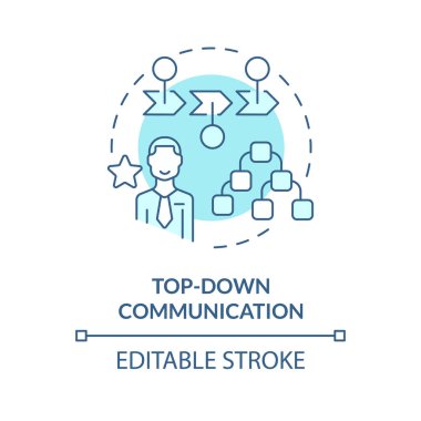 Tepeden tırnağa iletişim yumuşak mavi konsept simgesi. Liderler, astlarına stratejiler bildirirler. Yuvarlak şekil çizimi. Soyut bir fikir. Grafik tasarımı. Promosyon malzemelerinde kullanması kolay